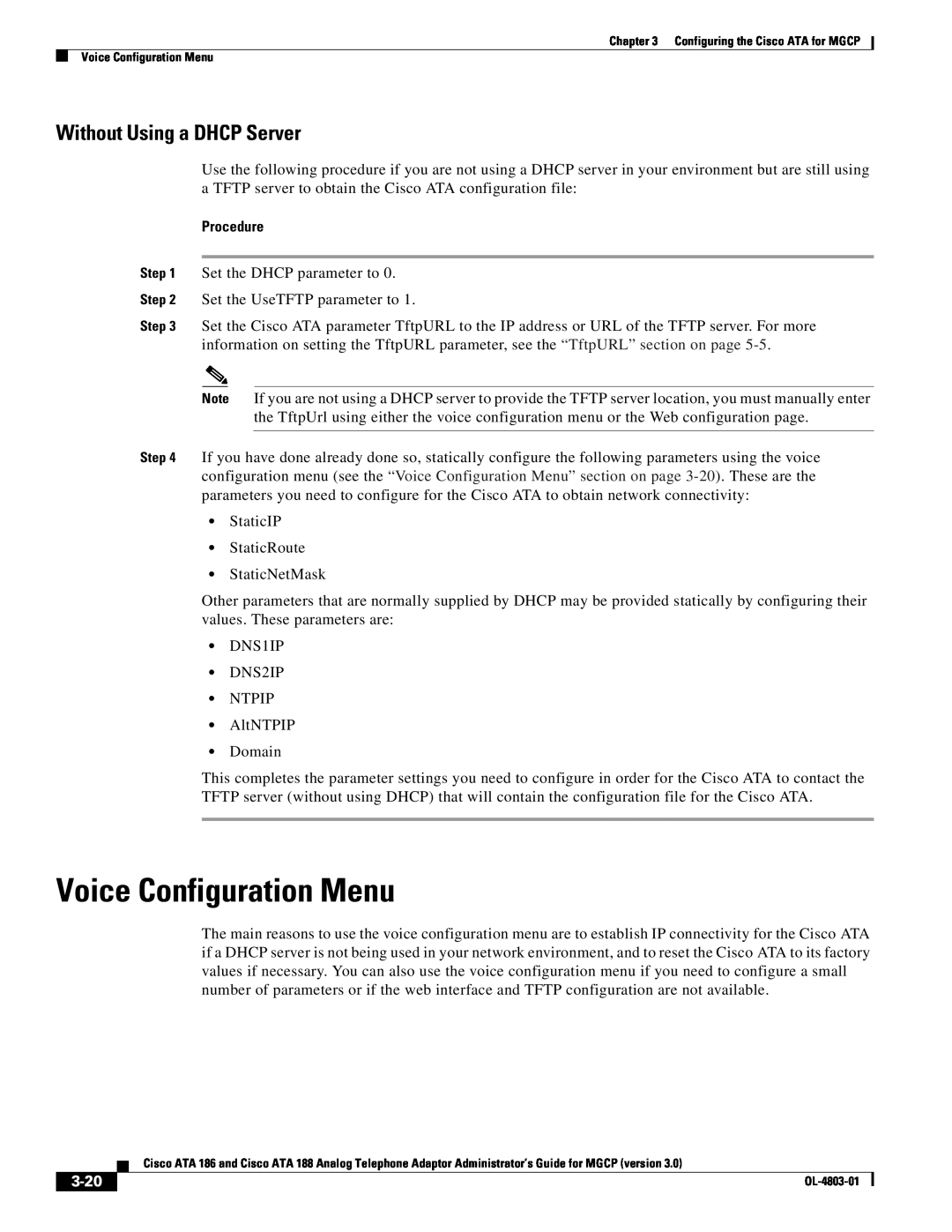 Cisco Systems ATA 186, ATA 188 manual Voice Configuration Menu, Without Using a DHCP Server, 3-20, Procedure 
