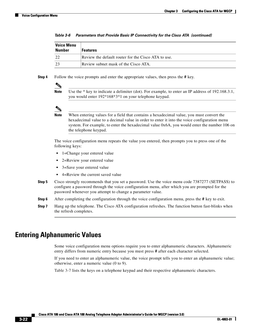Cisco Systems ATA 186, ATA 188 manual Entering Alphanumeric Values, 3-22, Voice Menu, Number 