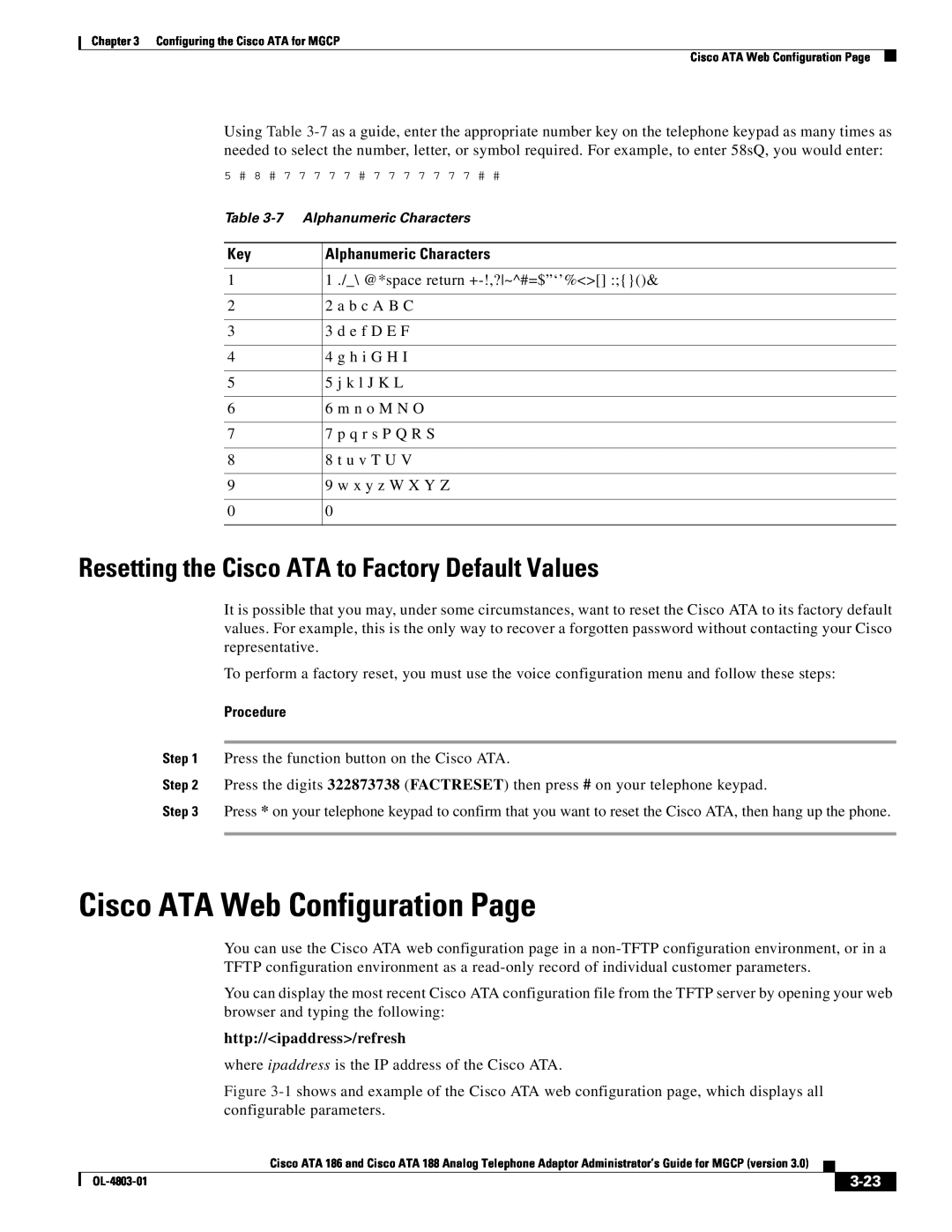 Cisco Systems ATA 188 Cisco ATA Web Configuration Page, Resetting the Cisco ATA to Factory Default Values, 3-23, Procedure 