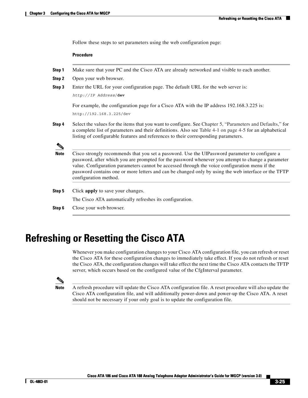 Cisco Systems ATA 188, ATA 186 manual Refreshing or Resetting the Cisco ATA, 3-25, Procedure 