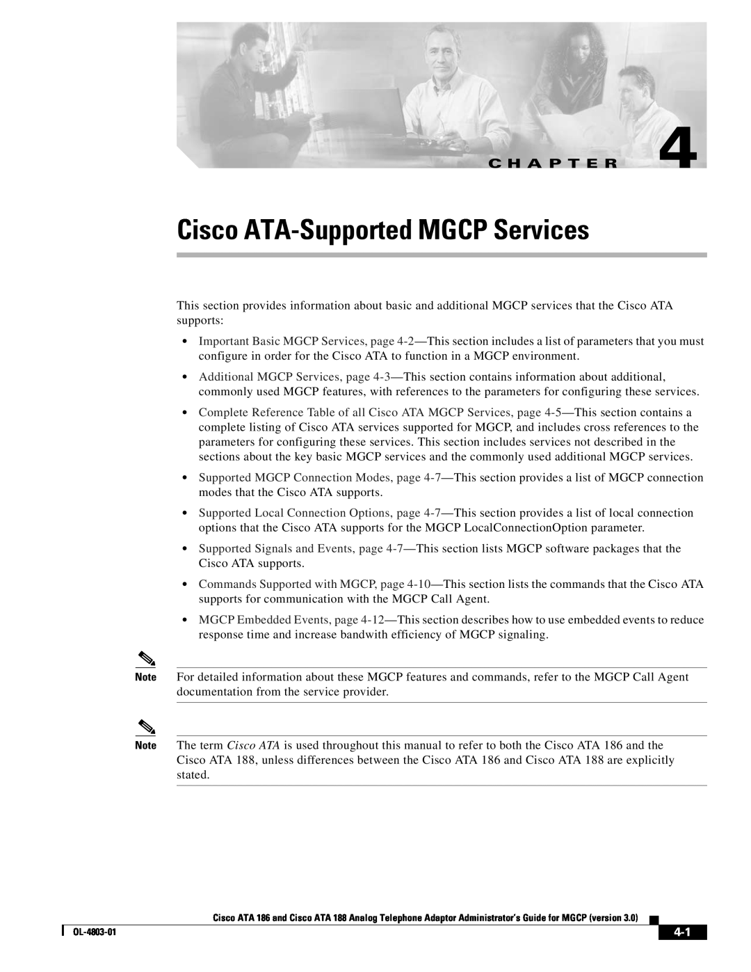 Cisco Systems ATA 188, ATA 186 manual Cisco ATA-Supported MGCP Services, C H A P T E R 