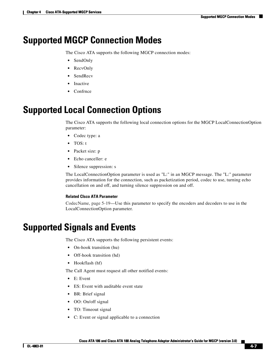 Cisco Systems ATA 188 Supported MGCP Connection Modes, Supported Local Connection Options, Supported Signals and Events 