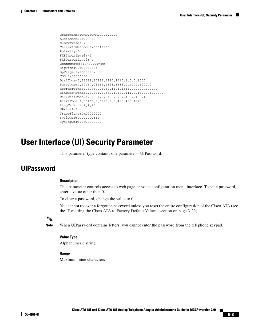Cisco Systems ATA 188, ATA 186 manual User Interface UI Security Parameter, UIPassword, Value Type, Range, Description 