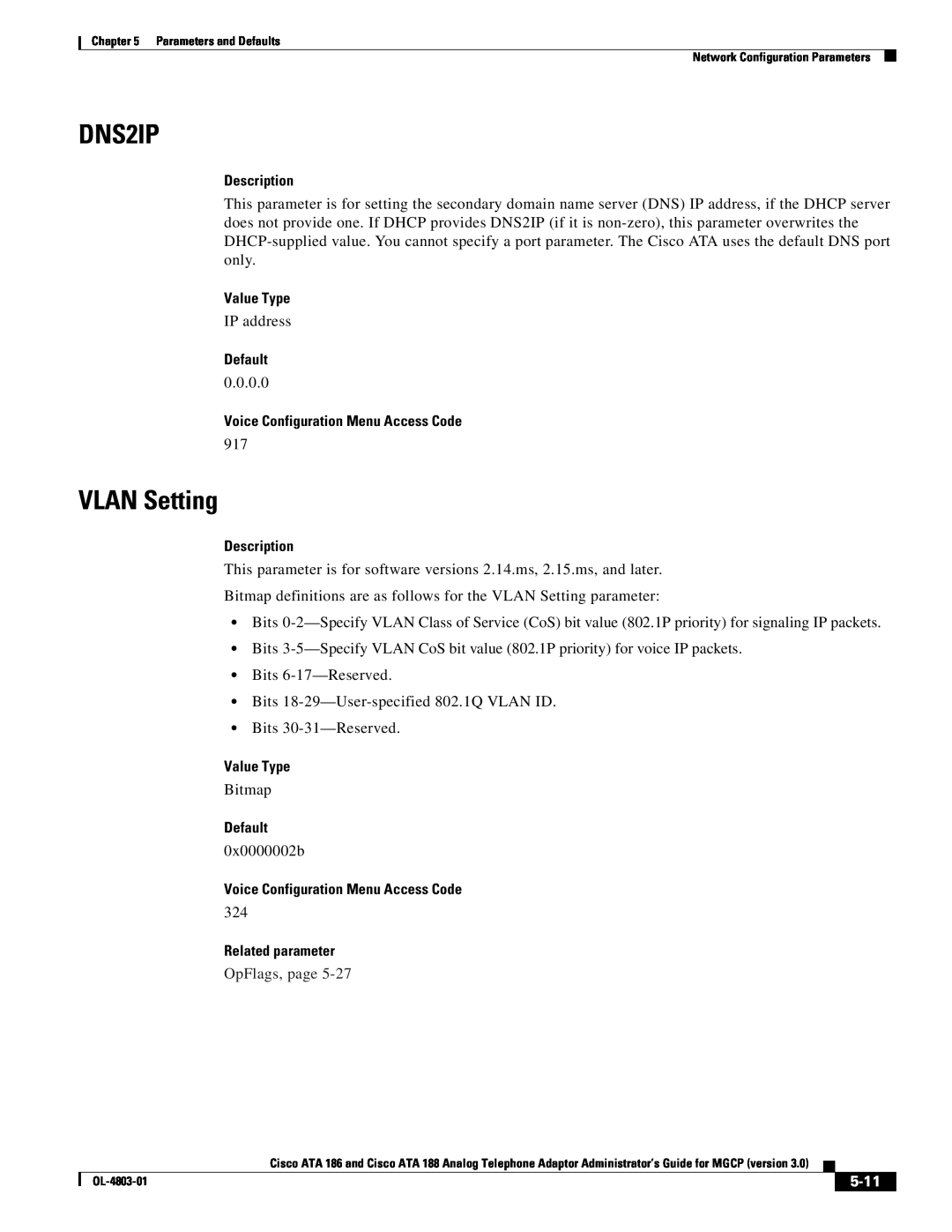 Cisco Systems ATA 188 manual DNS2IP, VLAN Setting, Related parameter, 5-11, Description, Value Type, Default, OpFlags, page 