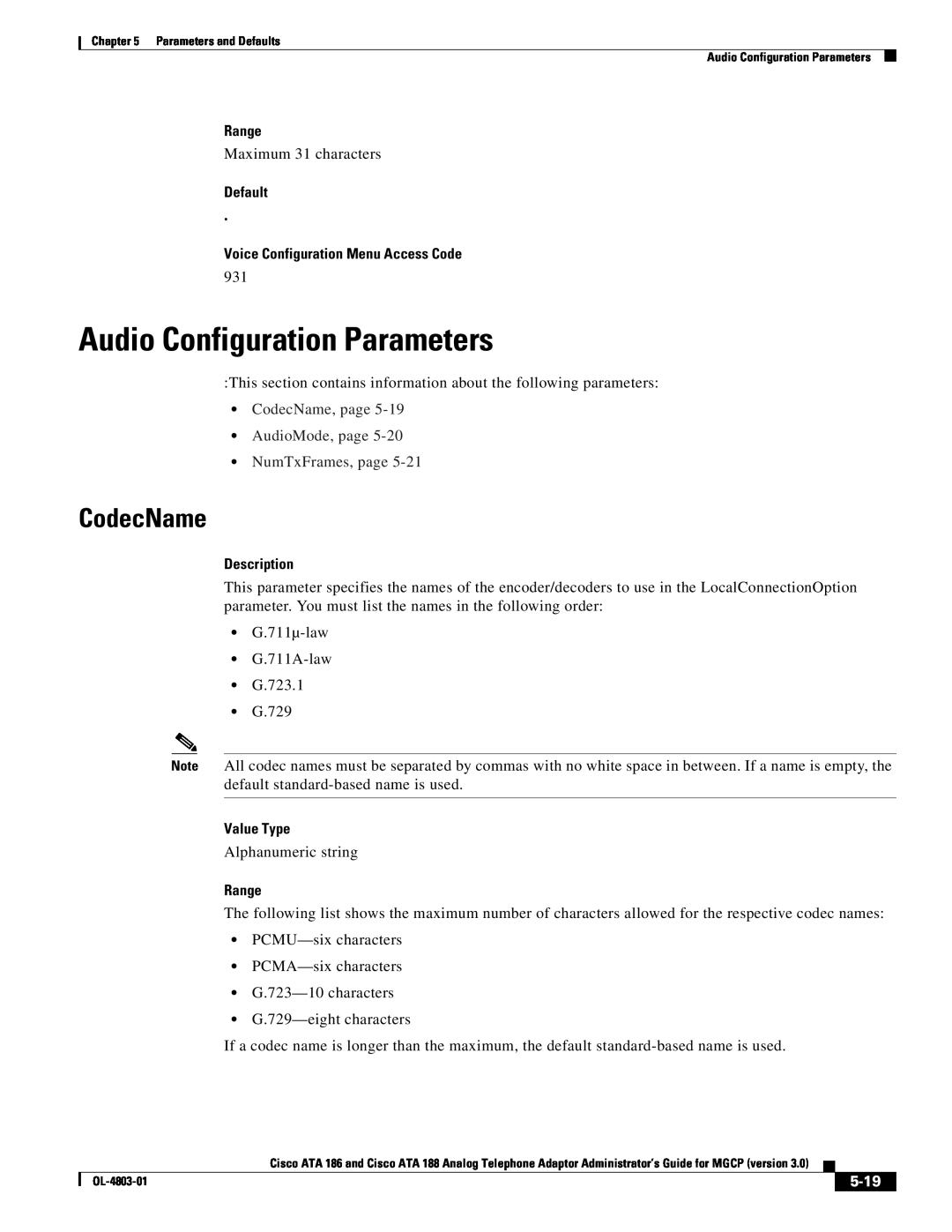 Cisco Systems ATA 188 Audio Configuration Parameters, CodecName, page AudioMode, page NumTxFrames, page, 5-19, Range 