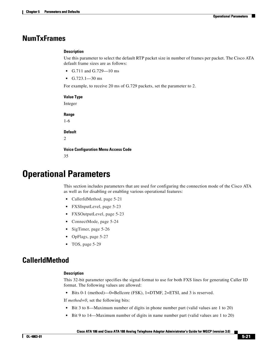 Cisco Systems ATA 188 Operational Parameters, NumTxFrames, CallerIdMethod, 5-21, Description, Value Type, Range, Default 