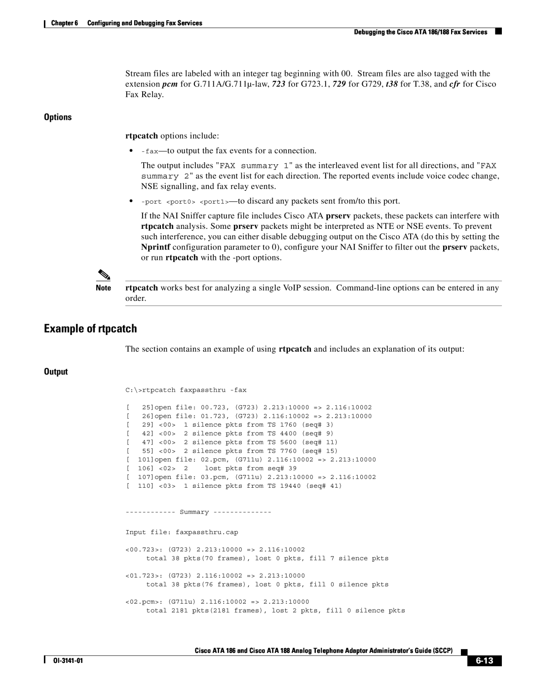 Cisco Systems ATA 188, ATA 186 manual Example of rtpcatch, Options, Output, 6-13 