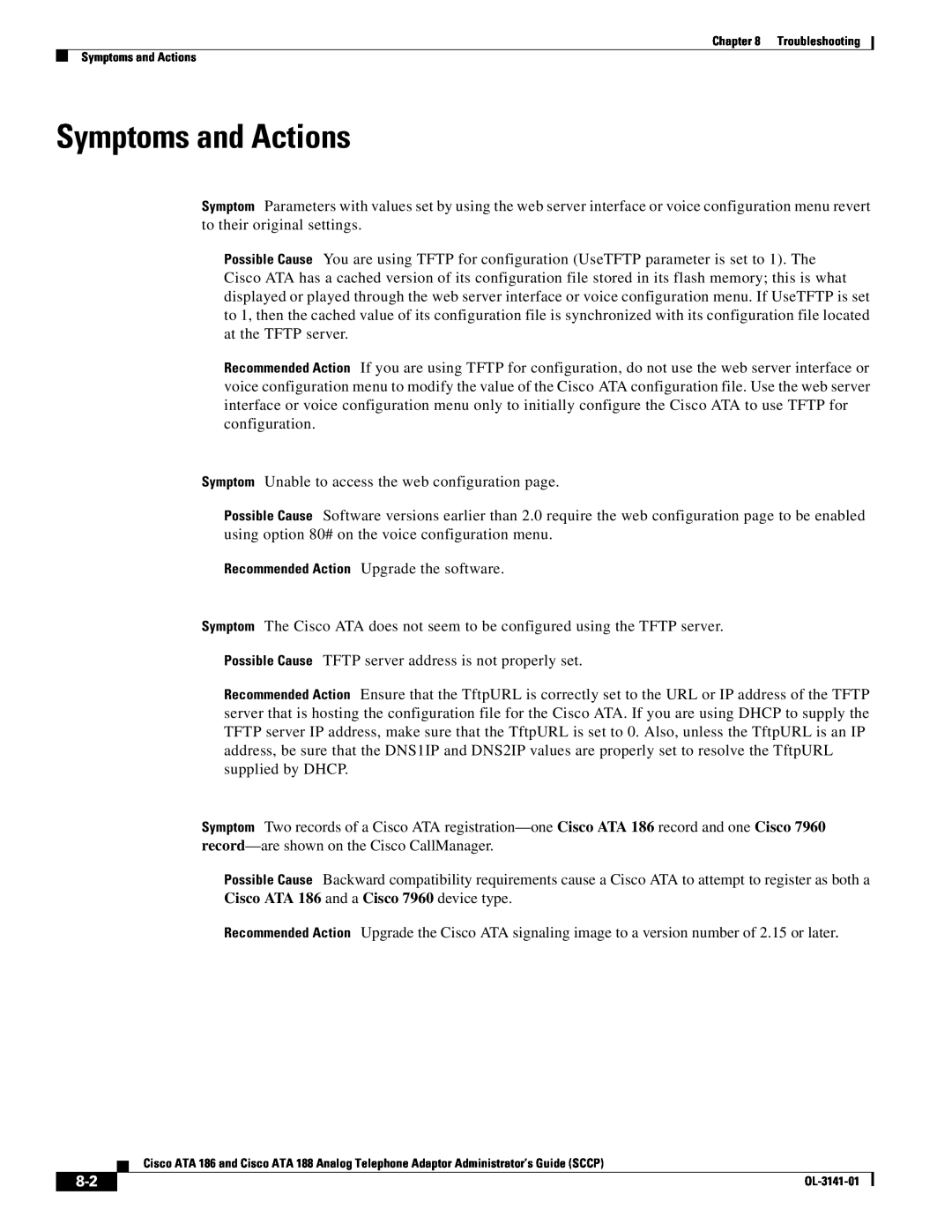 Cisco Systems ATA 186, ATA 188 manual Symptoms and Actions 