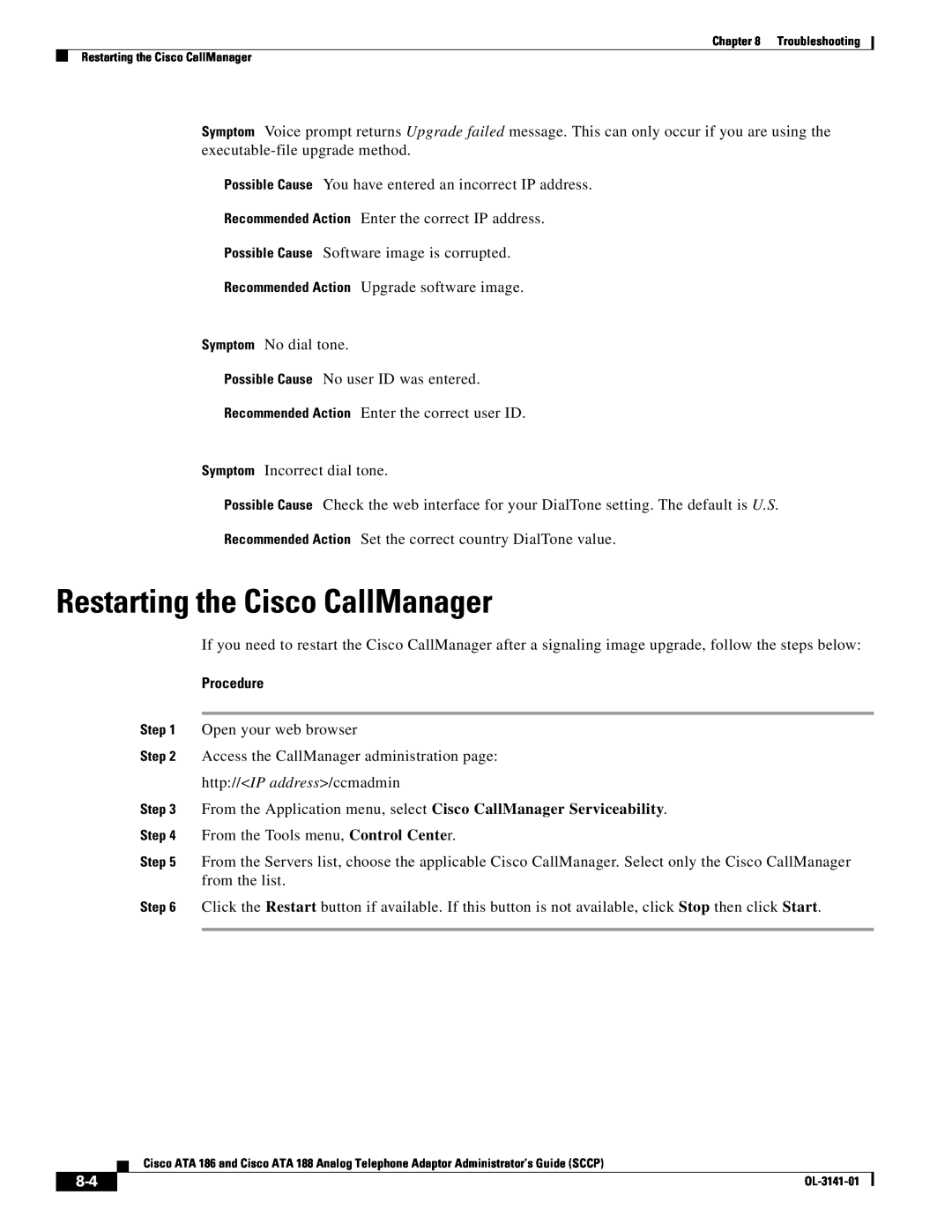 Cisco Systems ATA 186, ATA 188 manual Restarting the Cisco CallManager, Procedure 