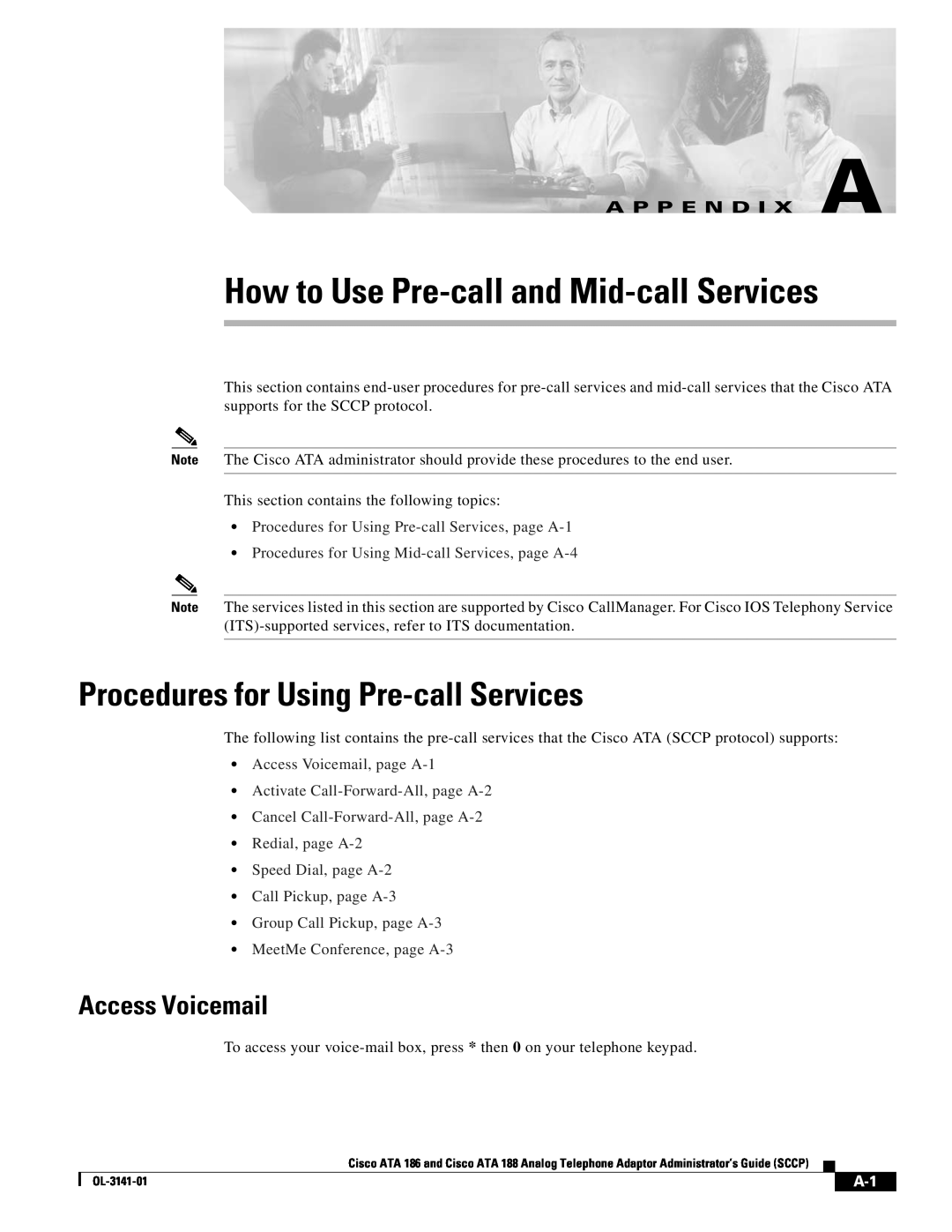 Cisco Systems ATA 188 How to Use Pre-call and Mid-call Services, Procedures for Using Pre-call Services, Access Voicemail 