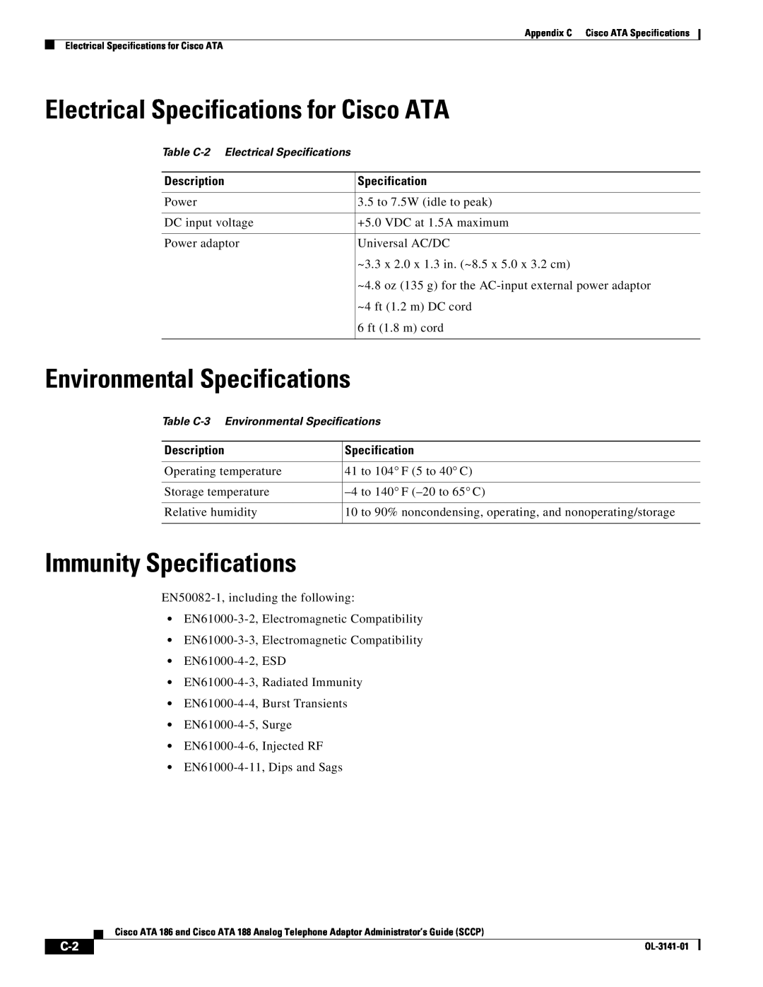 Cisco Systems ATA 186 manual Electrical Specifications for Cisco ATA, Environmental Specifications, Immunity Specifications 