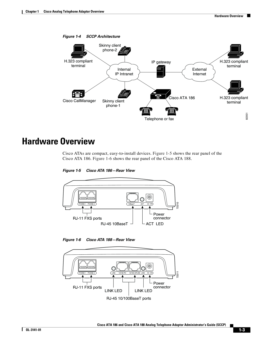Cisco Systems ATA 188 Hardware Overview, 4 SCCP Architecture, 5 Cisco ATA 186-Rear View, Power, RJ-11 FXS ports, 82051 