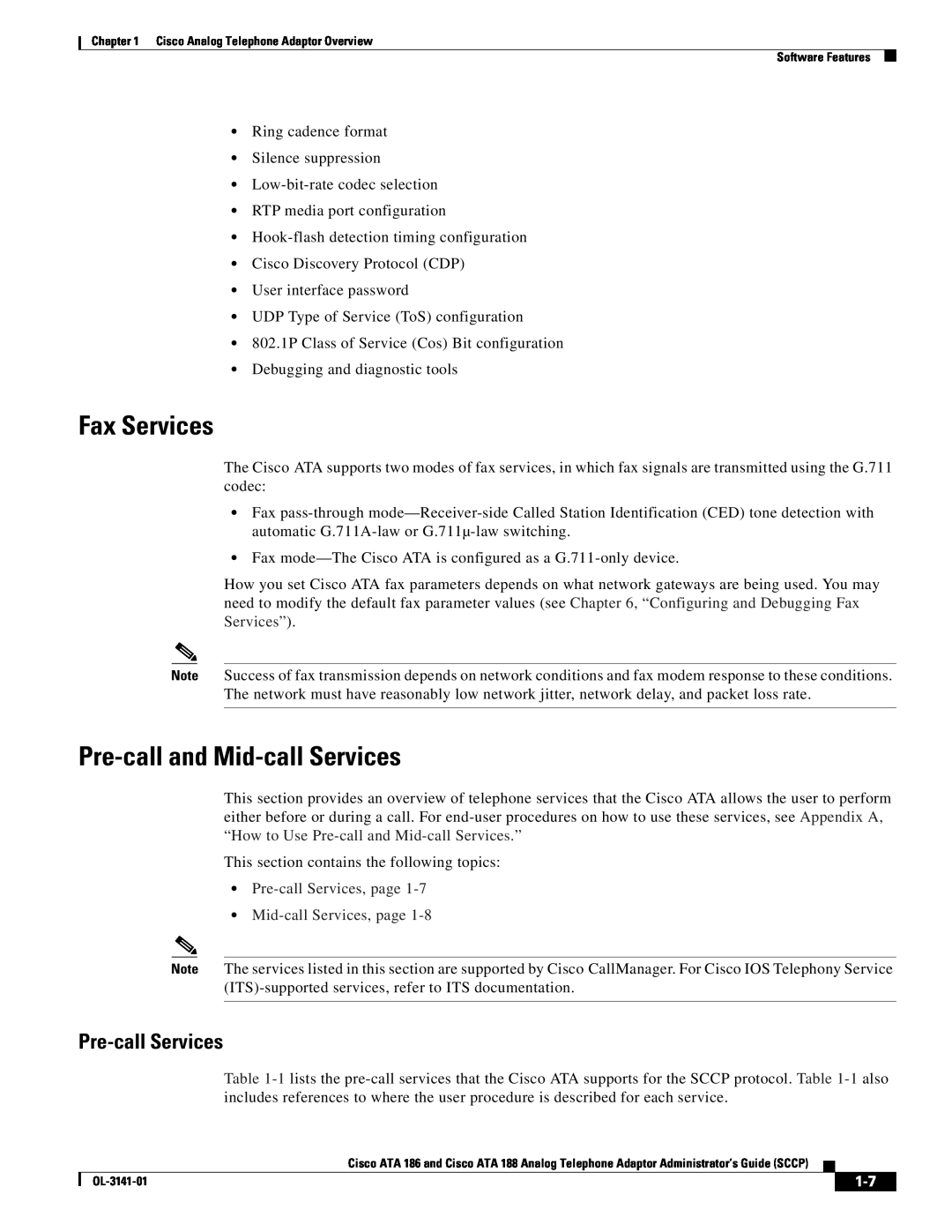 Cisco Systems ATA 188, ATA 186 manual Fax Services, Pre-call and Mid-call Services, Pre-call Services 