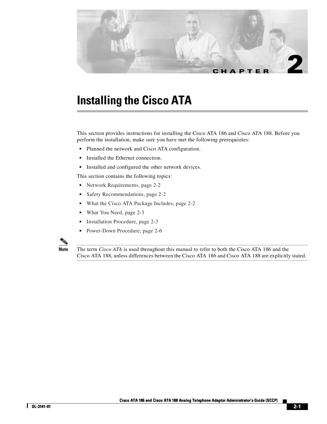 Cisco Systems ATA 188 Installing the Cisco ATA, C H A P T E R, Network Requirements, page Safety Recommendations, page 