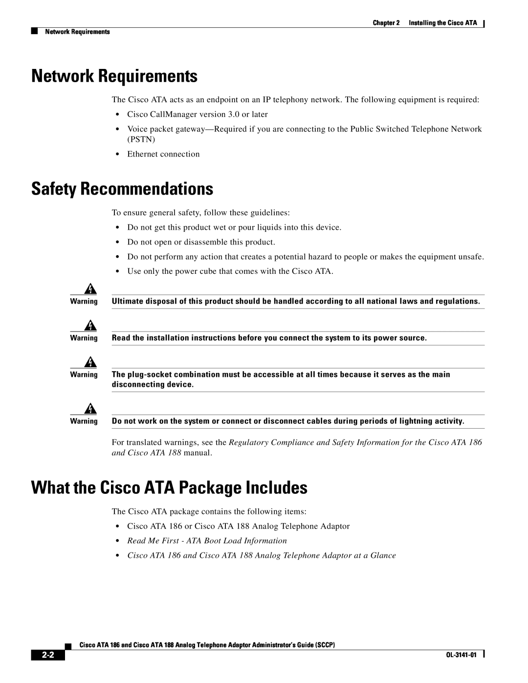 Cisco Systems ATA 186, ATA 188 manual Network Requirements, Safety Recommendations, What the Cisco ATA Package Includes 