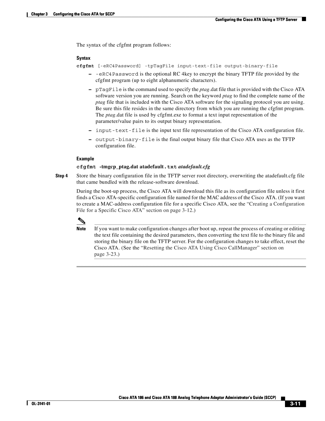 Cisco Systems ATA 188, ATA 186 manual Syntax, Example, cfgfmt -tmgcpptag.dat atadefault.txt atadefault.cfg, page, 3-11 