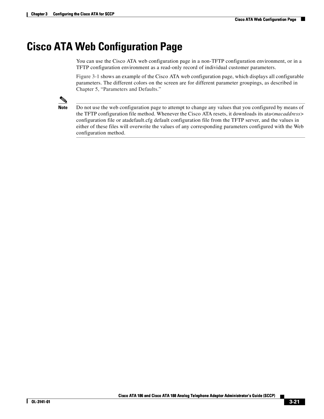 Cisco Systems ATA 188, ATA 186 manual Cisco ATA Web Configuration Page, 3-21 