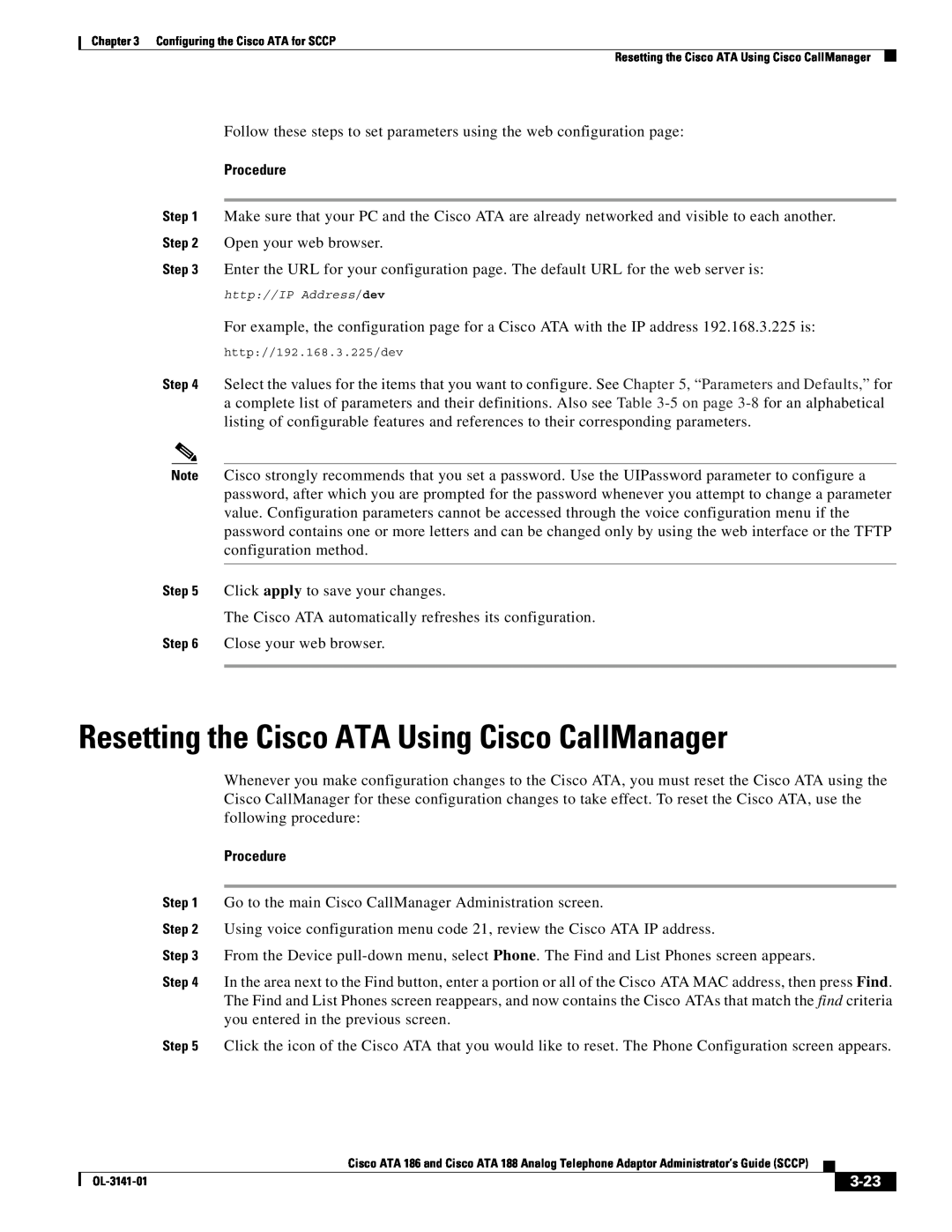 Cisco Systems ATA 188, ATA 186 manual Resetting the Cisco ATA Using Cisco CallManager, Procedure, 3-23 