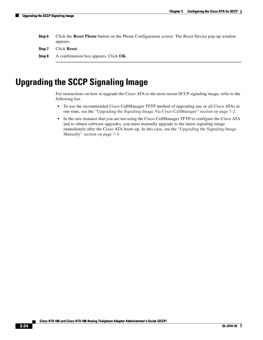 Cisco Systems ATA 186, ATA 188 manual Upgrading the SCCP Signaling Image, 3-24 