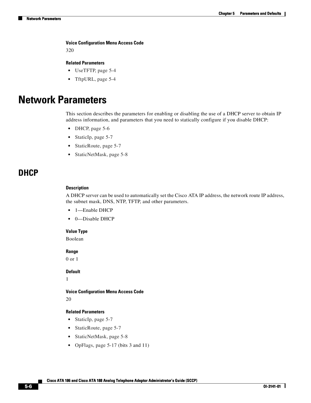Cisco Systems ATA 186 Network Parameters, Dhcp, Voice Configuration Menu Access Code, Related Parameters, Description 