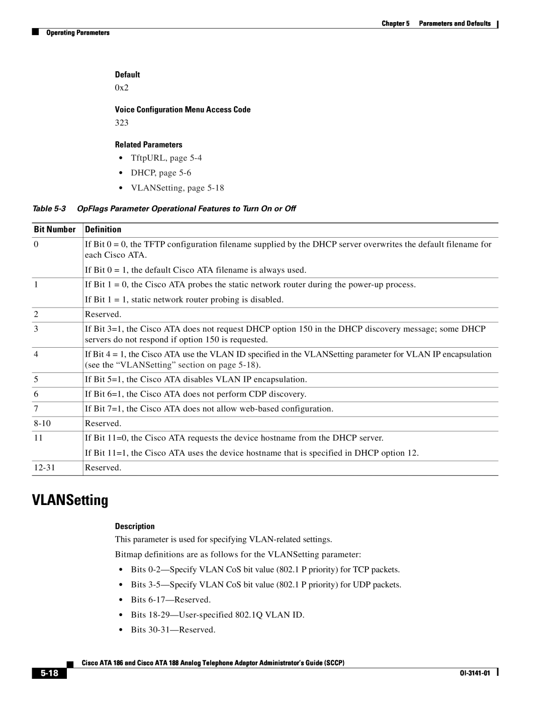 Cisco Systems ATA 186 VLANSetting, Default, Voice Configuration Menu Access Code, Related Parameters, Description, 5-18 