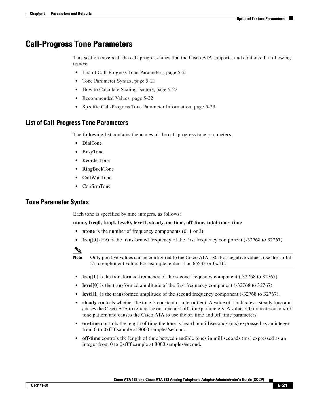 Cisco Systems ATA 188 List of Call-Progress Tone Parameters, Tone Parameter Syntax, Recommended Values, page, 5-21 
