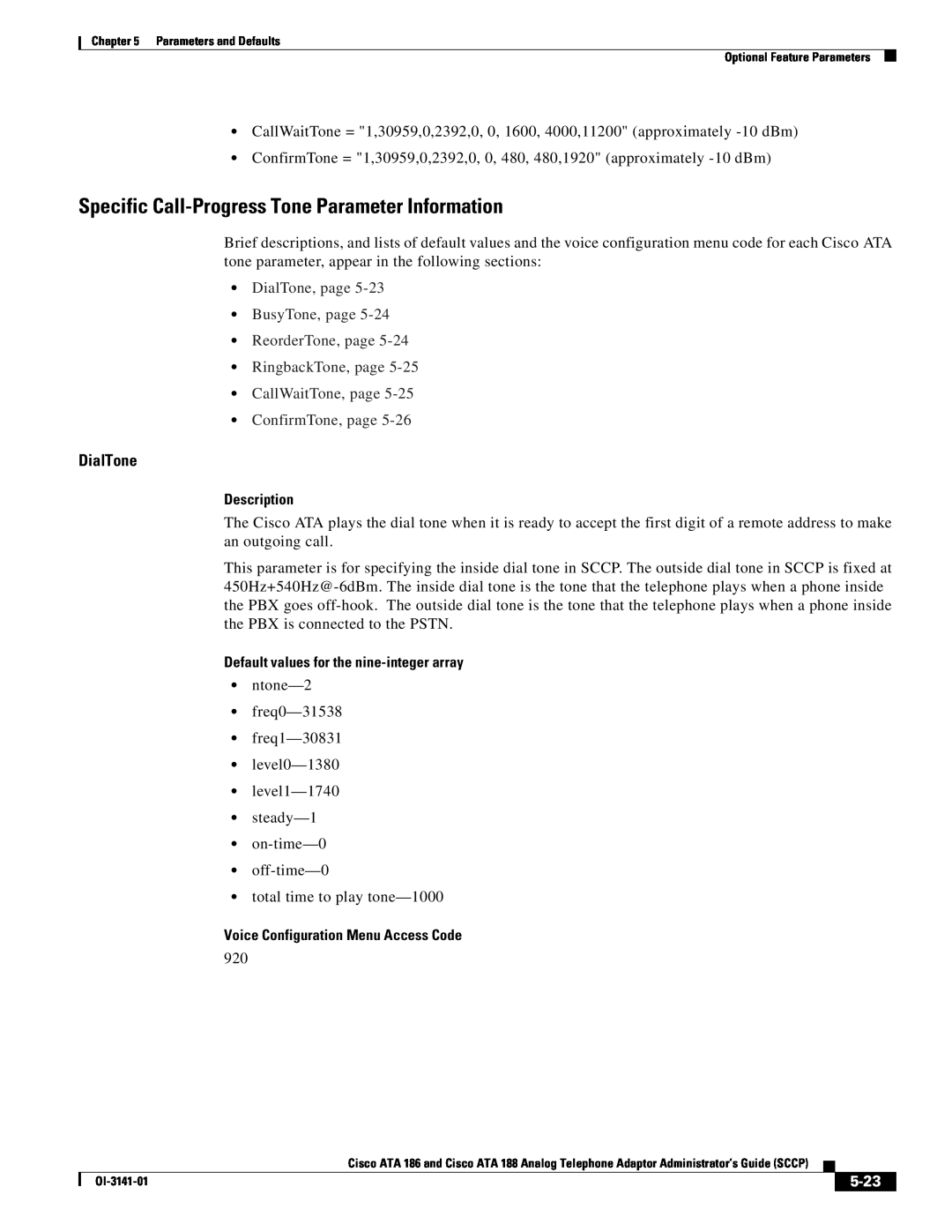 Cisco Systems ATA 188 Specific Call-Progress Tone Parameter Information, DialTone, CallWaitTone, page ConfirmTone, page 