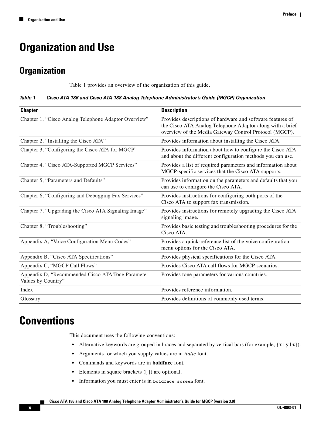 Cisco Systems ATA 186, ATA 188 manual Organization and Use, Conventions, Chapter Description 