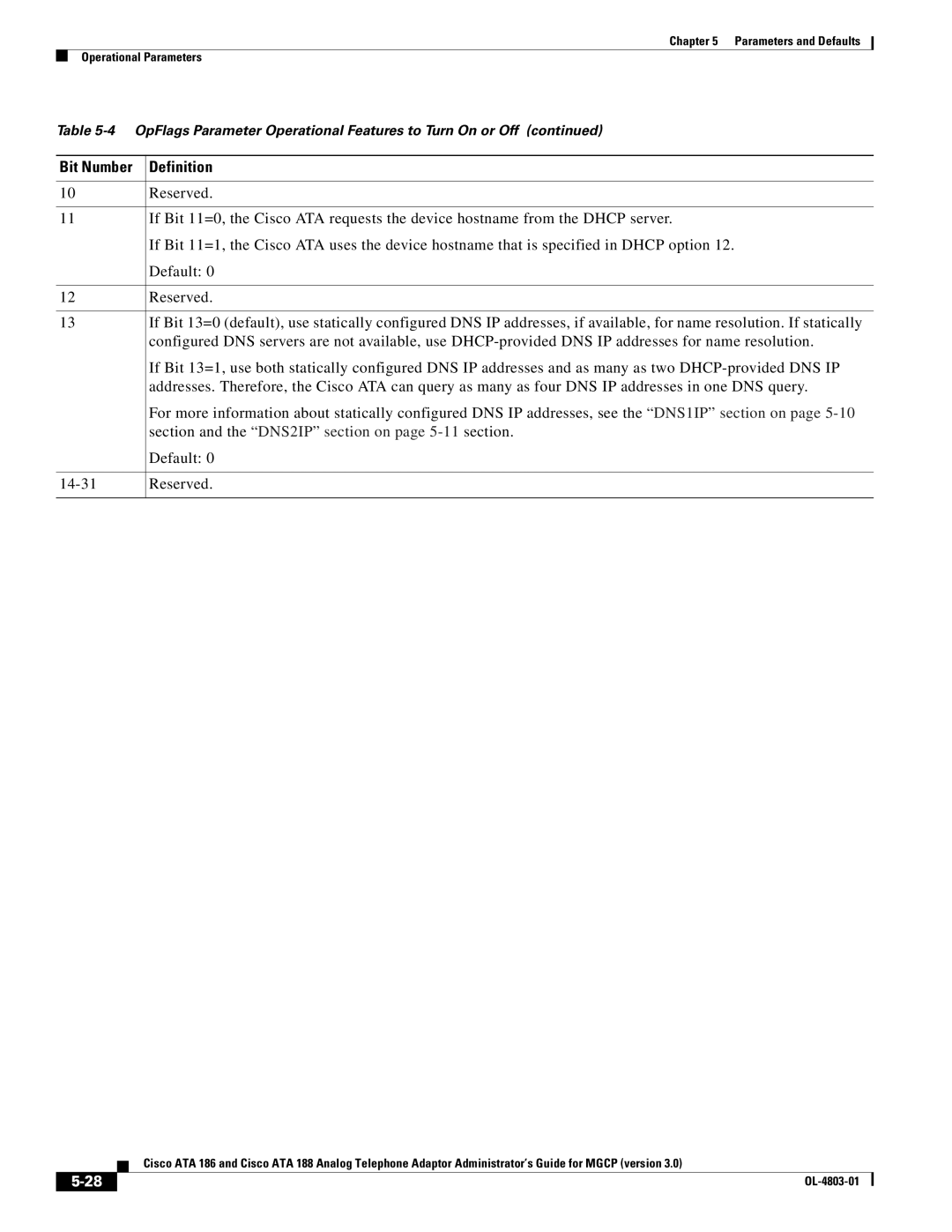 Cisco Systems ATA 186, ATA 188 manual Bit Number Definition 