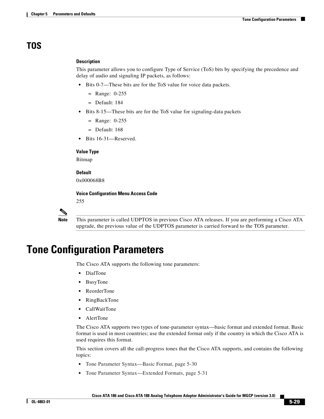 Cisco Systems ATA 188, ATA 186 manual Tone Configuration Parameters, 0x000068B8, 255 