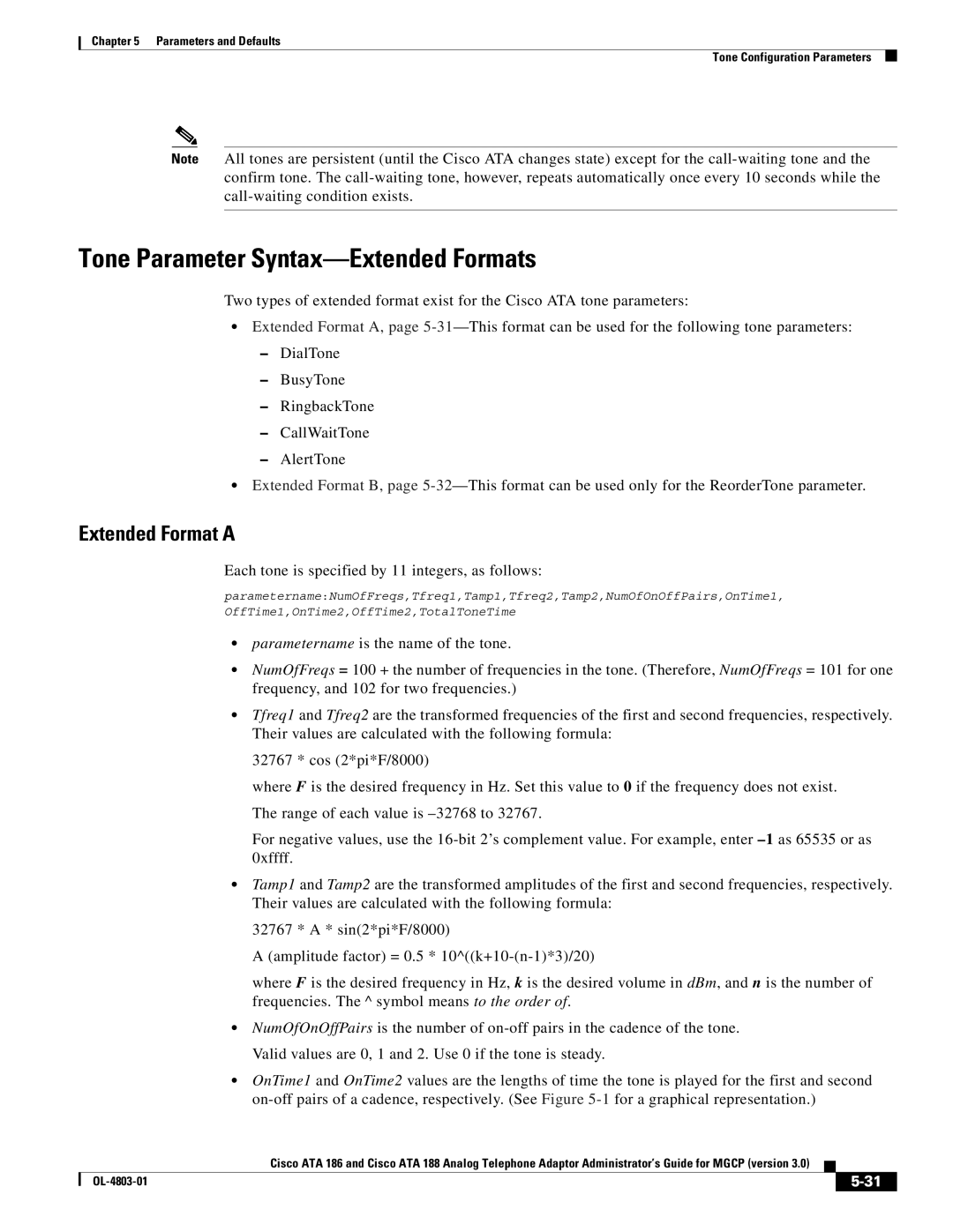 Cisco Systems ATA 188, ATA 186 manual Tone Parameter Syntax-Extended Formats, Extended Format a 