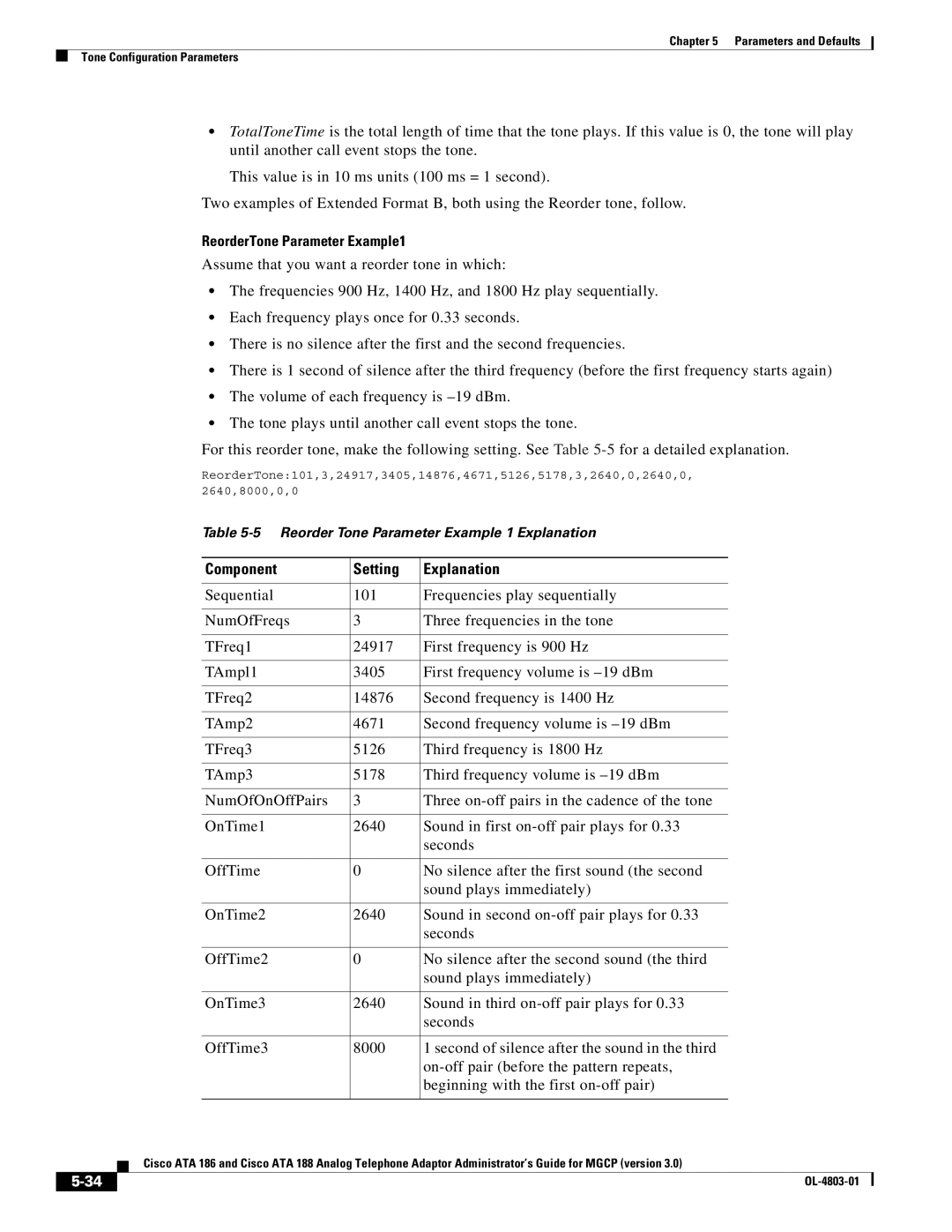 Cisco Systems ATA 186, ATA 188 manual ReorderTone Parameter Example1, Component Setting Explanation 