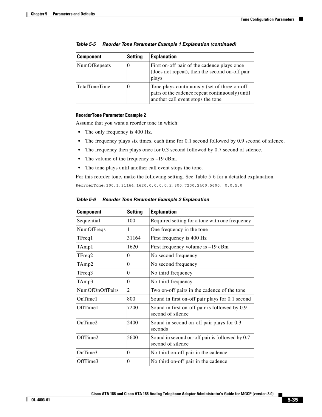 Cisco Systems ATA 188, ATA 186 manual ReorderTone Parameter Example 