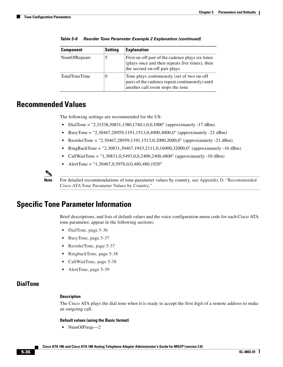 Cisco Systems ATA 186, ATA 188 manual Recommended Values, Specific Tone Parameter Information, DialTone, NumOfFreqs-2 