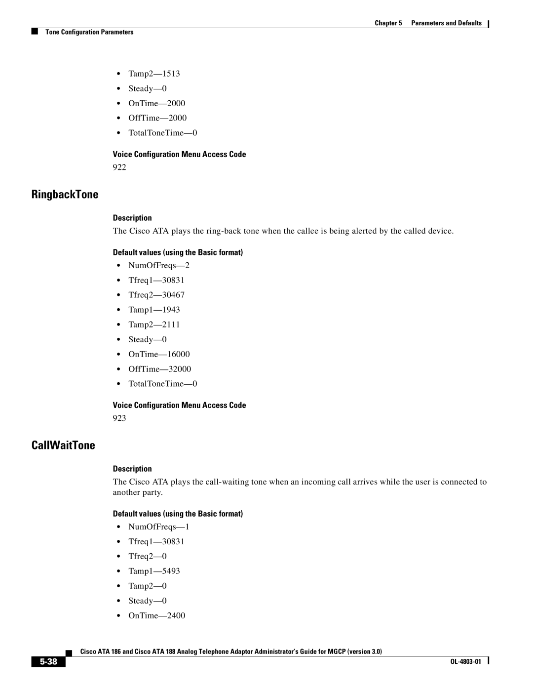 Cisco Systems ATA 186, ATA 188 manual RingbackTone, CallWaitTone, 922, 923 