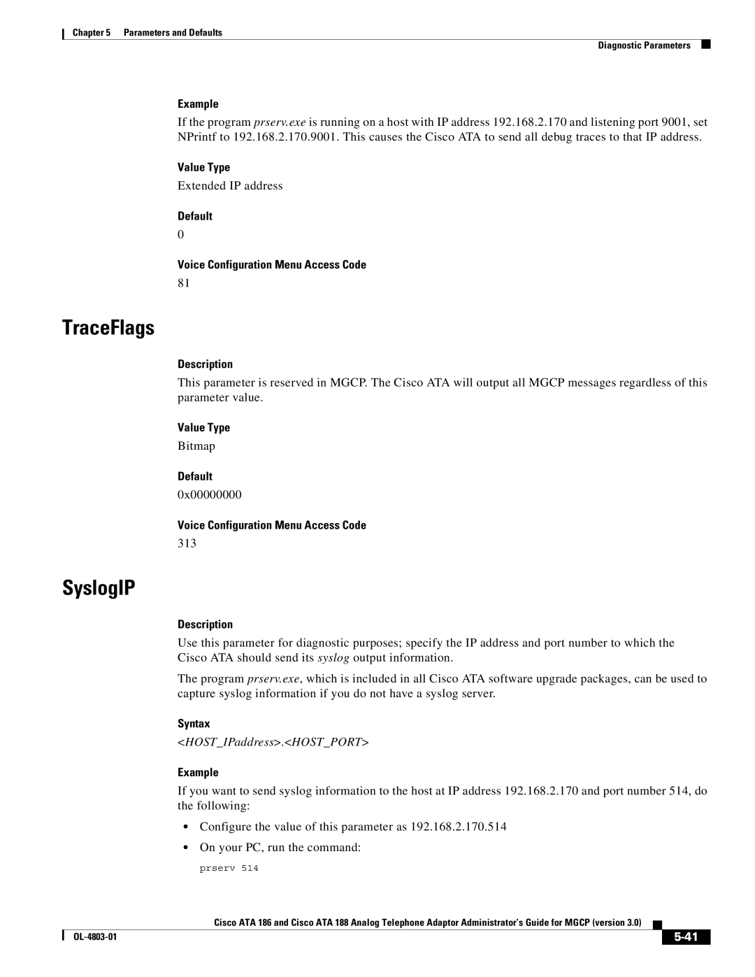 Cisco Systems ATA 188, ATA 186 manual TraceFlags, SyslogIP, Extended IP address, 0x00000000, 313 