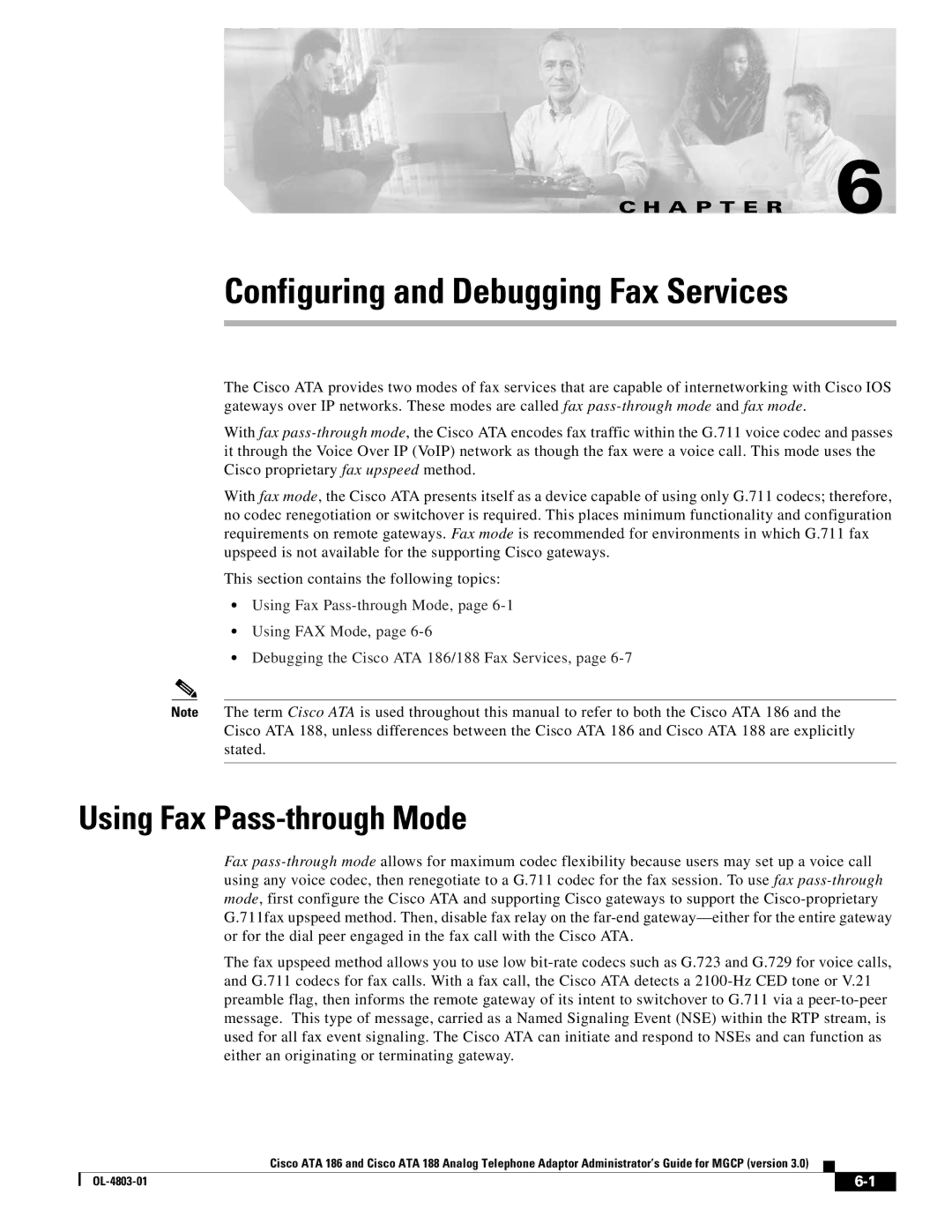 Cisco Systems ATA 188, ATA 186 manual Configuring and Debugging Fax Services, Using Fax Pass-through Mode 