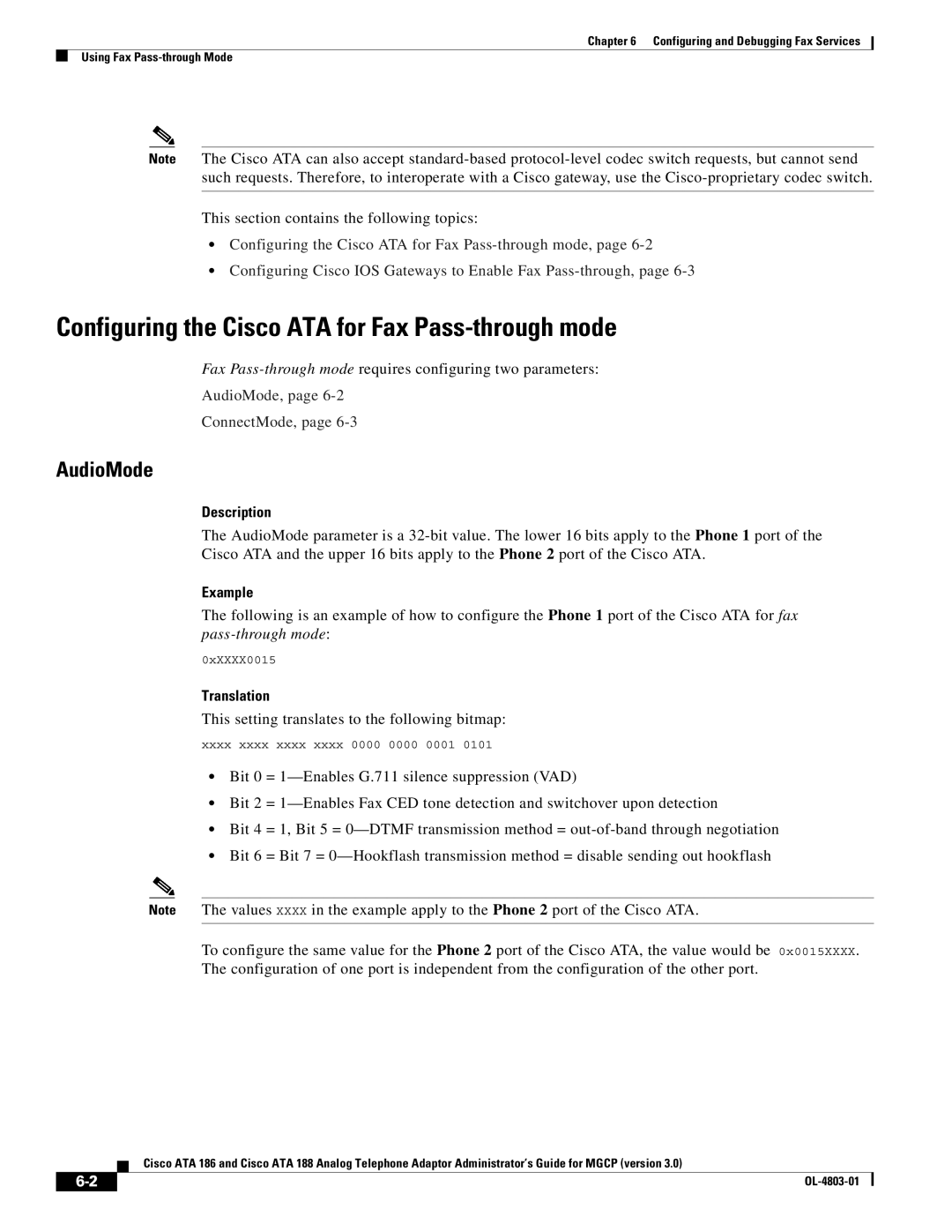 Cisco Systems ATA 186, ATA 188 manual Configuring the Cisco ATA for Fax Pass-through mode, AudioMode, Translation 