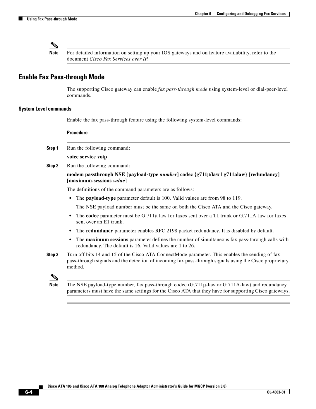 Cisco Systems ATA 186, ATA 188 manual Enable Fax Pass-through Mode, Run the following command 