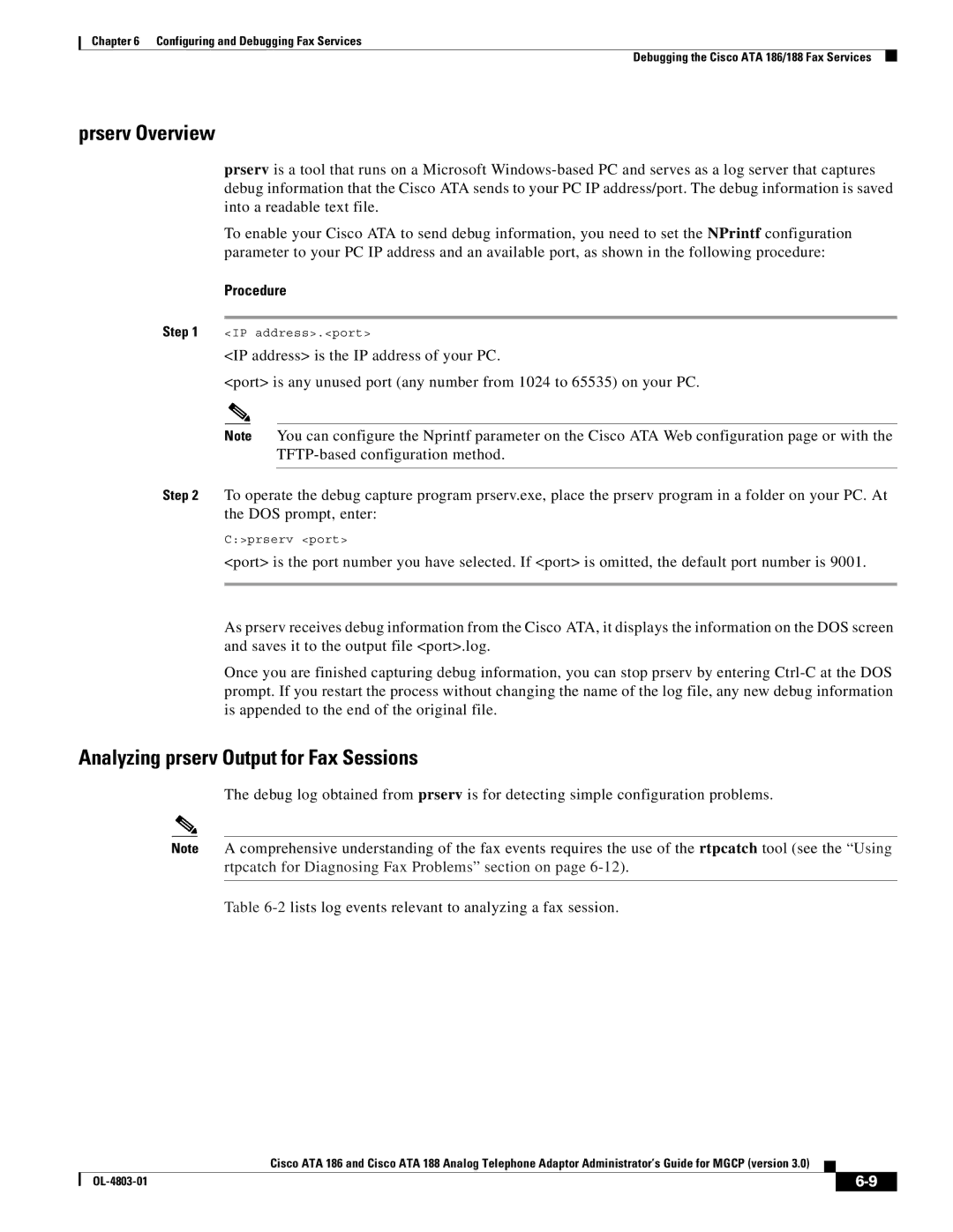 Cisco Systems ATA 188, ATA 186 manual Prserv Overview, Analyzing prserv Output for Fax Sessions 