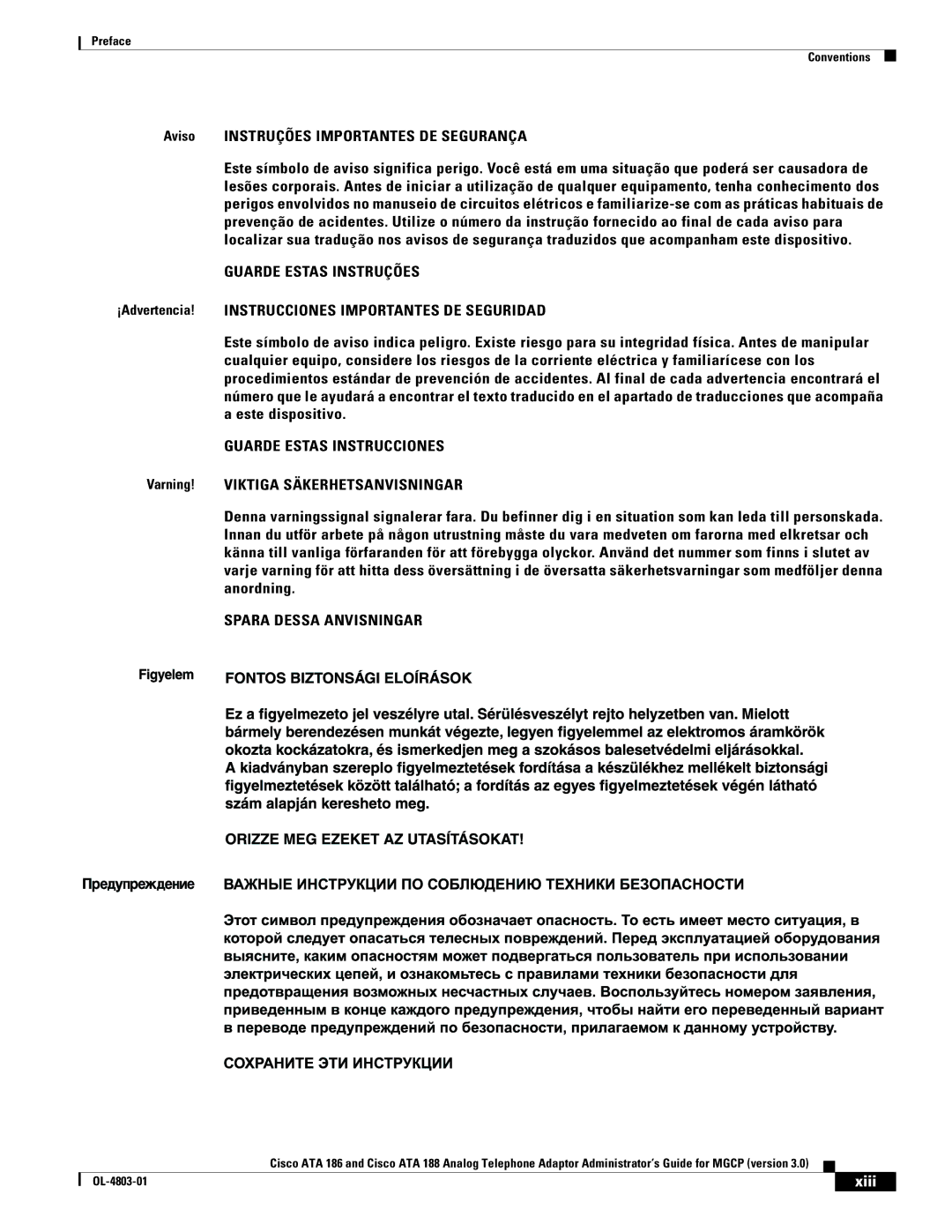 Cisco Systems ATA 188, ATA 186 manual Aviso Instruções Importantes DE Segurança, Xiii 