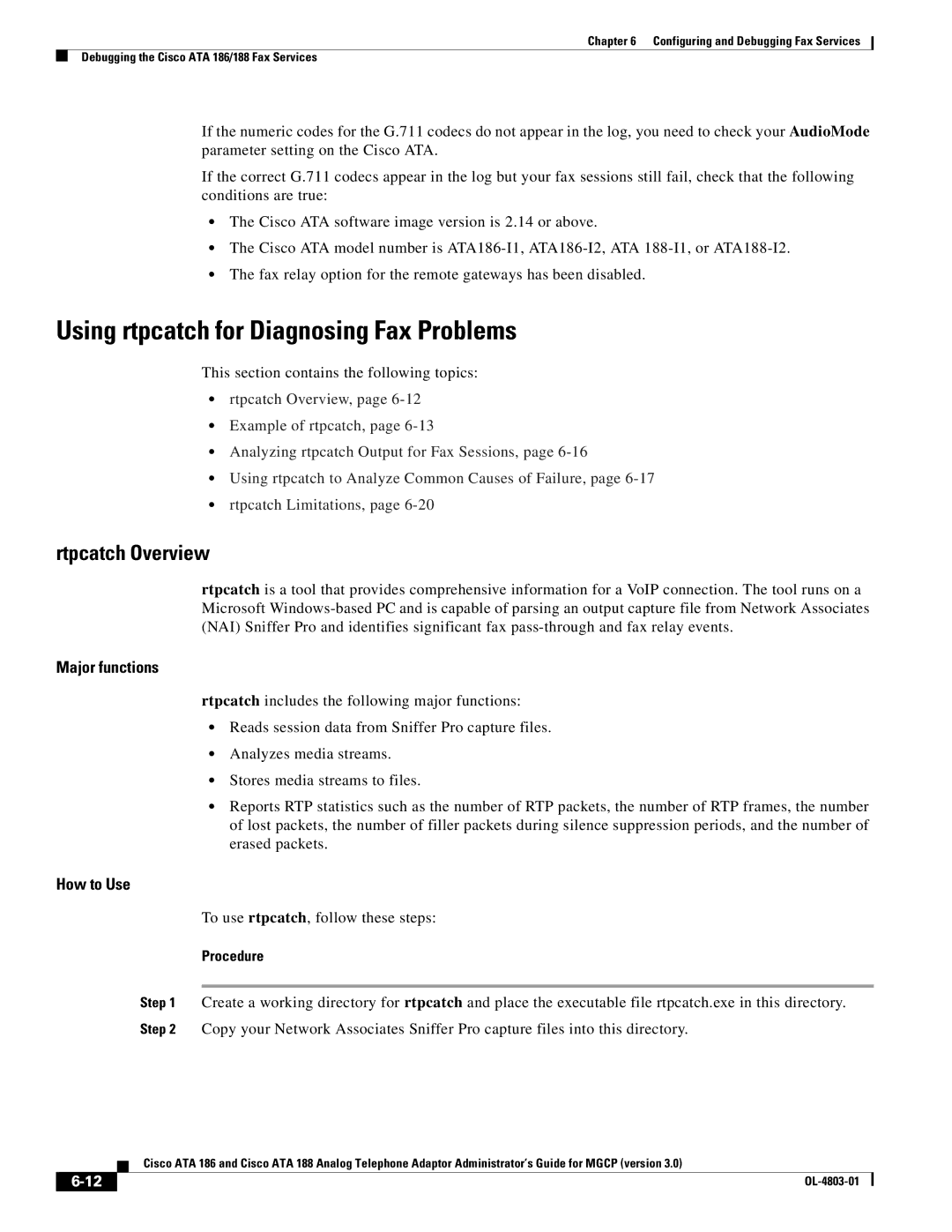 Cisco Systems ATA 186 Using rtpcatch for Diagnosing Fax Problems, Rtpcatch Overview, To use rtpcatch, follow these steps 