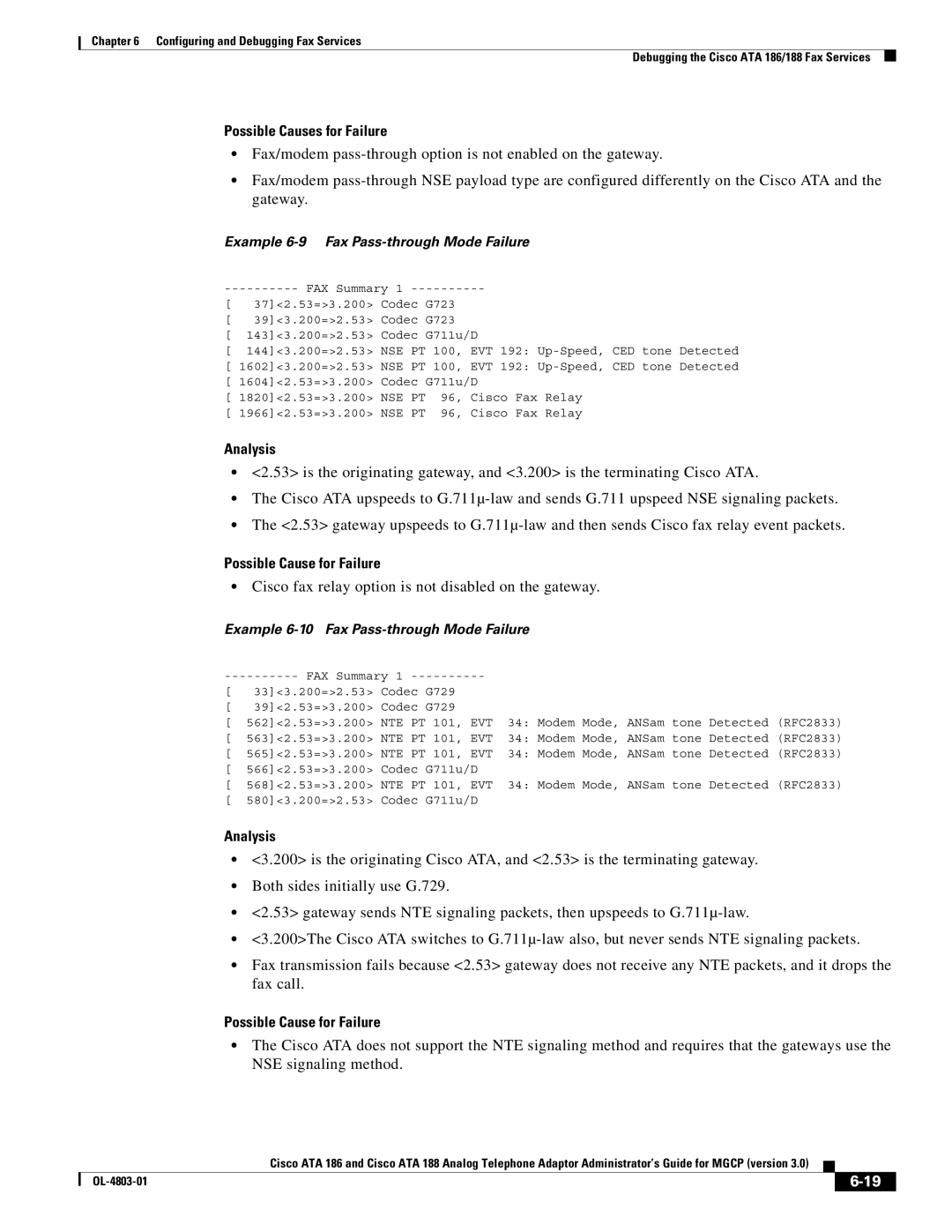 Cisco Systems ATA 188, ATA 186 manual Example 6-9 Fax Pass-through Mode Failure 