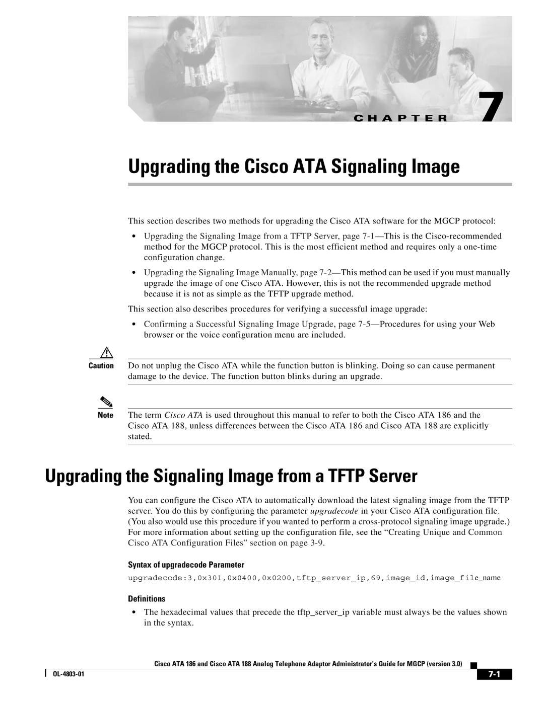 Cisco Systems ATA 188 manual Upgrading the Signaling Image from a Tftp Server, Syntax of upgradecode Parameter, Definitions 