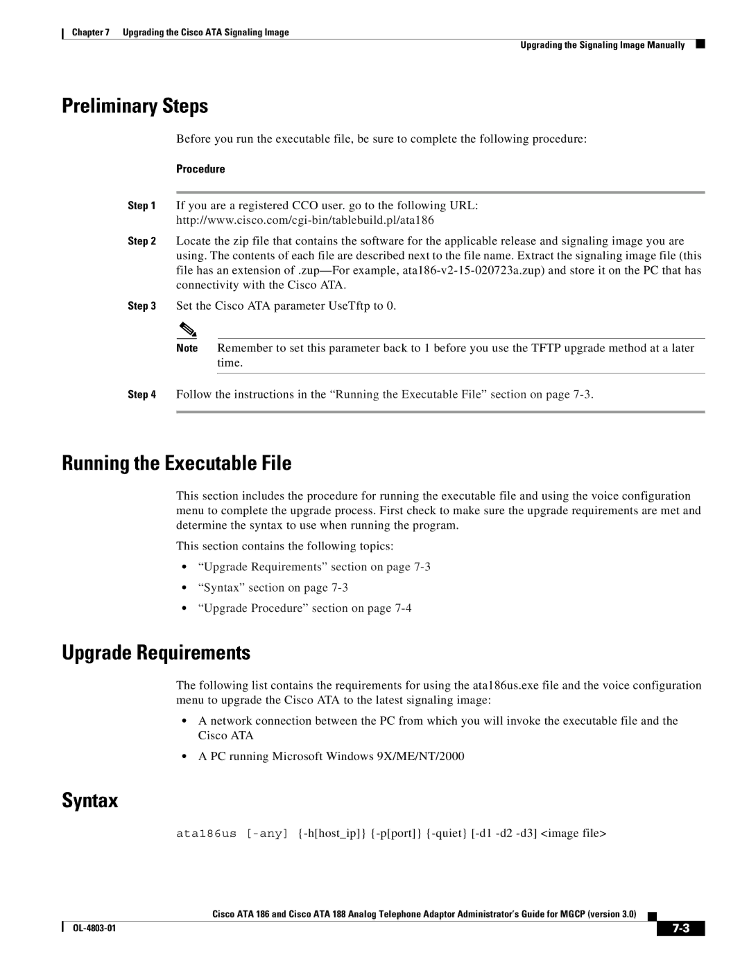 Cisco Systems ATA 188, ATA 186 manual Preliminary Steps, Running the Executable File, Upgrade Requirements, Syntax 