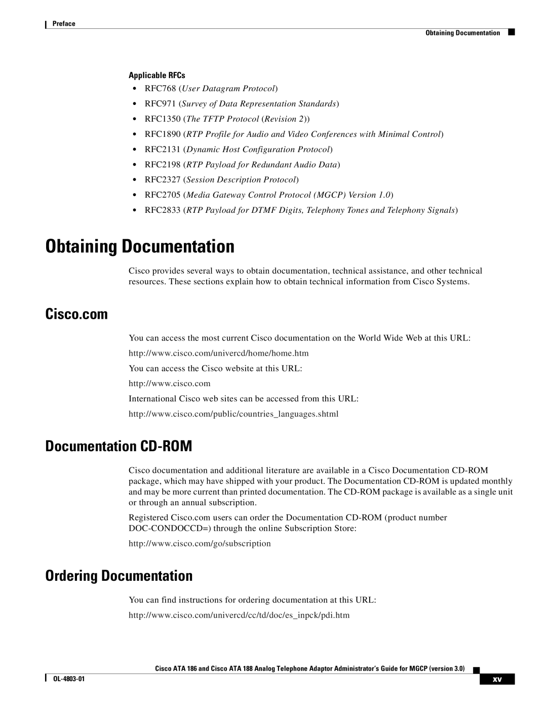 Cisco Systems ATA 188 Obtaining Documentation, Cisco.com, Documentation CD-ROM, Ordering Documentation, Applicable RFCs 