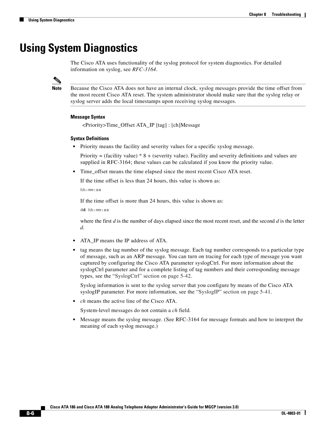 Cisco Systems ATA 186 Using System Diagnostics, Message Syntax, PriorityTimeOffset Ataip tag chMessage, Syntax Definitions 