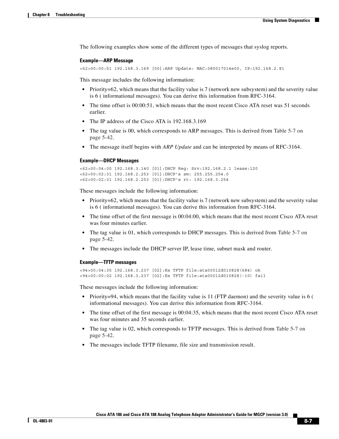 Cisco Systems ATA 188, ATA 186 manual Example-ARP Message, Example-DHCP Messages, Example-TFTP messages 