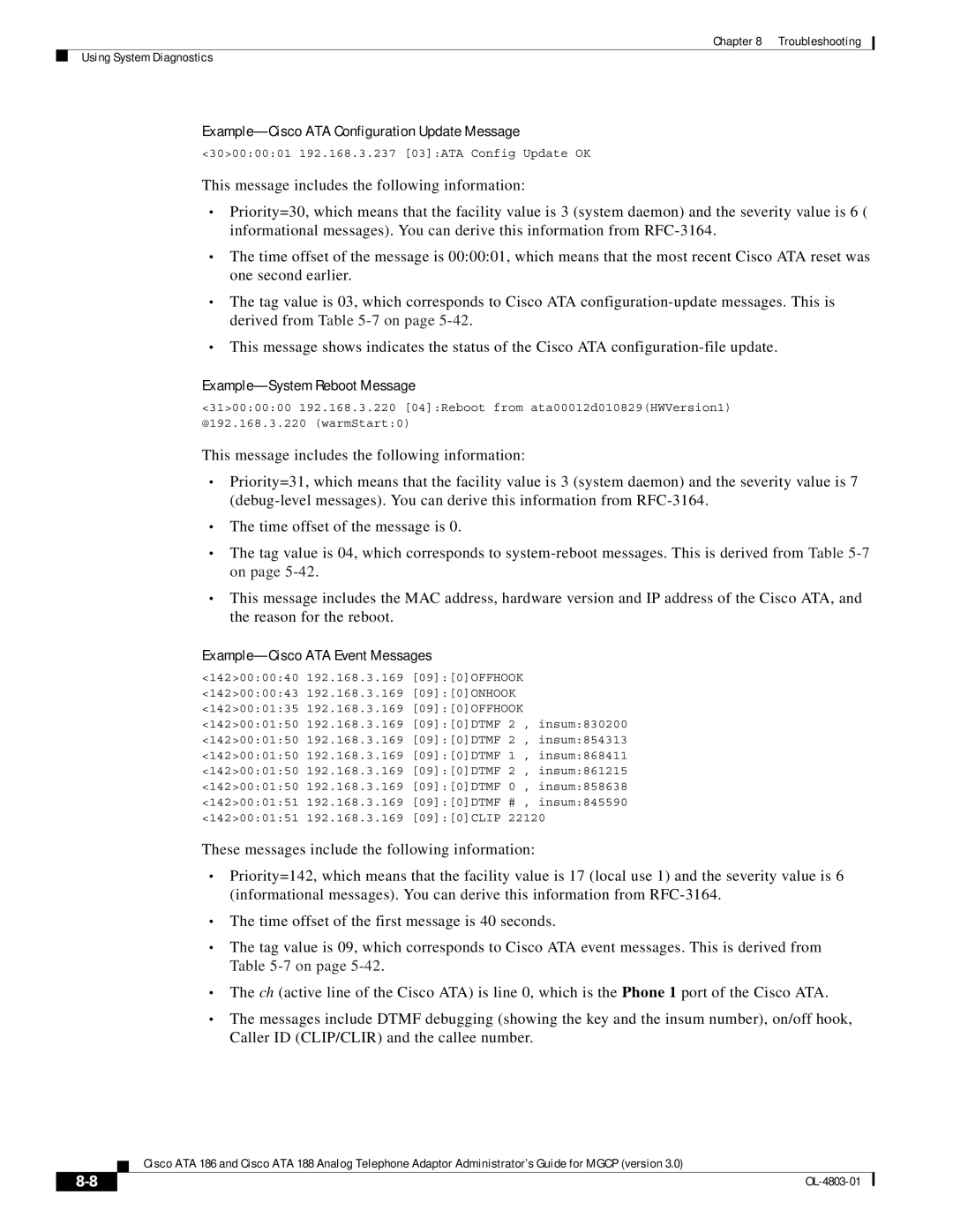 Cisco Systems ATA 186, ATA 188 manual Example-Cisco ATA Configuration Update Message, Example-System Reboot Message 