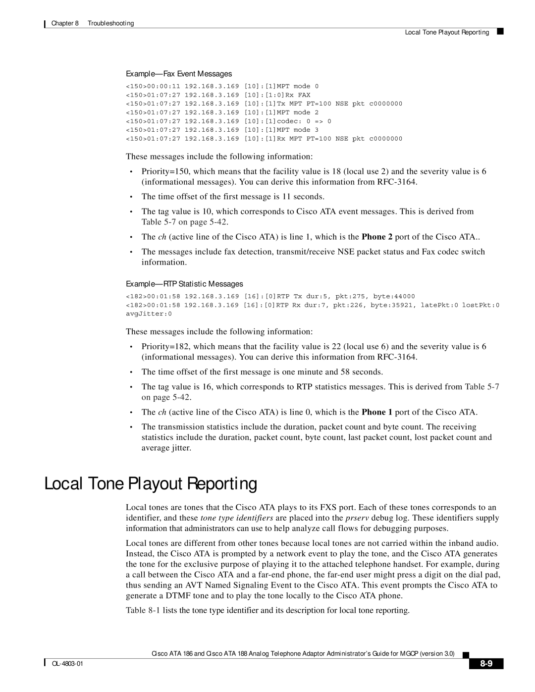 Cisco Systems ATA 188, ATA 186 Local Tone Playout Reporting, Example-Fax Event Messages, Example-RTP Statistic Messages 